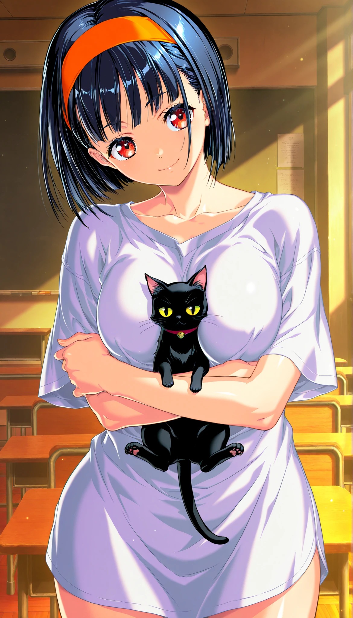 (Yokota Mamoru style),masterpiece, 最High Quality, Newest, high resolution, 1 girl playing with a cat,stare at the viewers,charming smile,(portrait :1.4),masterpiece, 最High Quality, High Quality, very aesthetic, Dumb Dress, Newest, Scenery, volume lighting, depth, glossy skin in the classroom,
1 girl, solo, shirt, short hair,
chest,
turn your arms around your back, push down, white shirt, red eyes, cowboy shot in the background, large chest, viewers, facing the front、by Zephixus、naked shirt, Short Sleeves, Hair between eyebrows, collarbone, Headband, closed mouth,open legs、open stance、
chestのカーテン,
masterpiece, 最High Quality, High Quality, very aesthetic, Dumb Dress, Newest, Scenery 、transparent