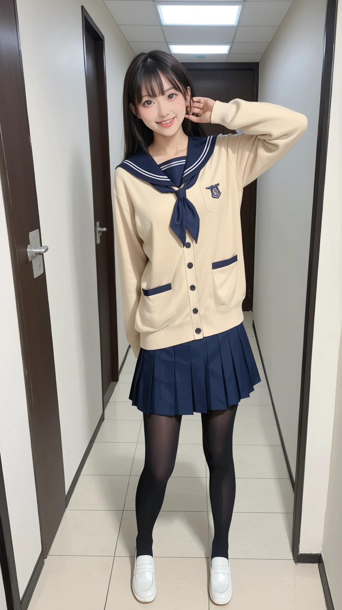((highest quality、8k、masterpiece:1.3)),((((cowboy shot)))),Ultra-high resolution,big eyes,Japanese,bangs,(a girl),(1 girl),20 years old,((facing at viewer)),(long hair),(((black sailor uniform))),grin,((standing)),(pleated mini skirt),((skirt lift))