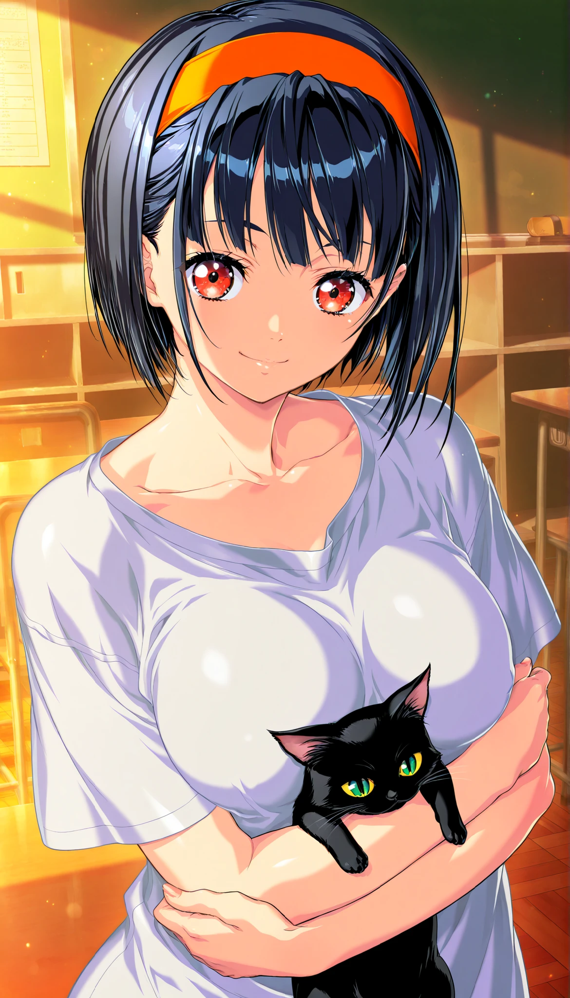 (Yokota Mamoru style),masterpiece, 最High Quality, Newest, high resolution, 1 girl playing with a cat,stare at the viewers,charming smile,(portrait :1.4),masterpiece, 最High Quality, High Quality, very aesthetic, Dumb Dress, Newest, Scenery, volume lighting, depth, glossy skin in the classroom,
1 girl, solo, shirt, short hair,
chest,
turn your arms around your back, push down, white shirt, red eyes, cowboy shot, large chest, viewers, facing the front、face to face、naked shirt, Short Sleeves, Hair between eyebrows, collarbone, Headband, closed mouth,open legs、open stance、
chestのカーテン,
masterpiece, 最High Quality, High Quality, very aesthetic, Dumb Dress, Newest, Scenery 、transparent