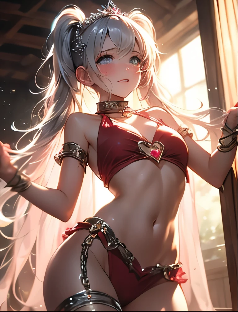 ((highest quality)),(ultra high resolution),(Super detailed),(detailed description),((best CG)),(best work of art),super precision art, great drawing art,(Art with precise details:1.5), (1 young girl:1.5), beautiful and well-shaped face:1.5,(Beautiful skin with precise and detailed depiction:1.6),(sleeveless halter neck crop shirt, knee length gym shorts ),gorgeous, masterpiece, best quality, high-resolution, finely detailed, extremely detailed and beautiful, distinct-image, 1 girl, 16 year old teenager, solo, soft facial features, symmetrical shaped face. plump cherry red lips, lightly tanned white skin. red and white-colored eyes, F-cup breasts, short height(150cm), short stack body type, waist length red-white hair, small narrow waist, long and slender legs, plump curvy wide hips, elegant gothic courtyard setting