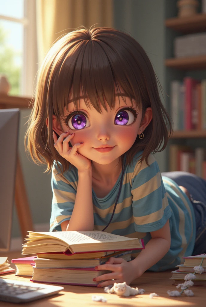 7 year old girl with yellow sweatshirt, dark brown hair, happy smiling, waking up in bed, scenery with bed children's room