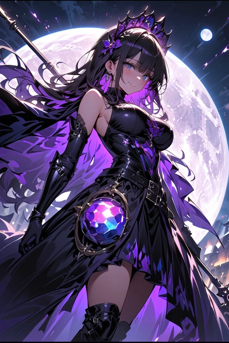 1girl, a girl, Her long dark hair, tied in a high ponytail with some dreadlocks and old jewelry, with a chickpea skull mask covering her face, a dark purple top jacket with pink tones, purple pants and boots. A charismatic villain