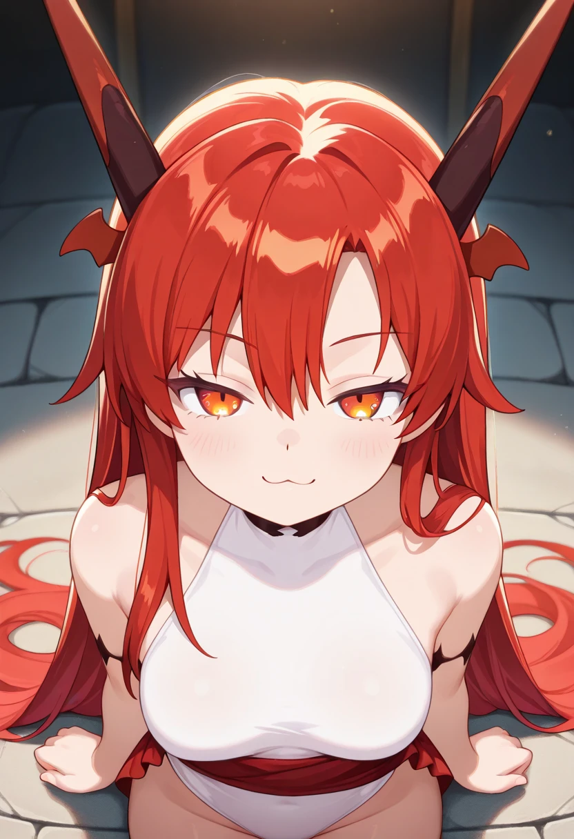 anime beautiful demon women, shark teeth, long hair, red eyes, wicked smile, detailes, (4k, ultra-detailed), room, naked, sexy, highres, seductive pose