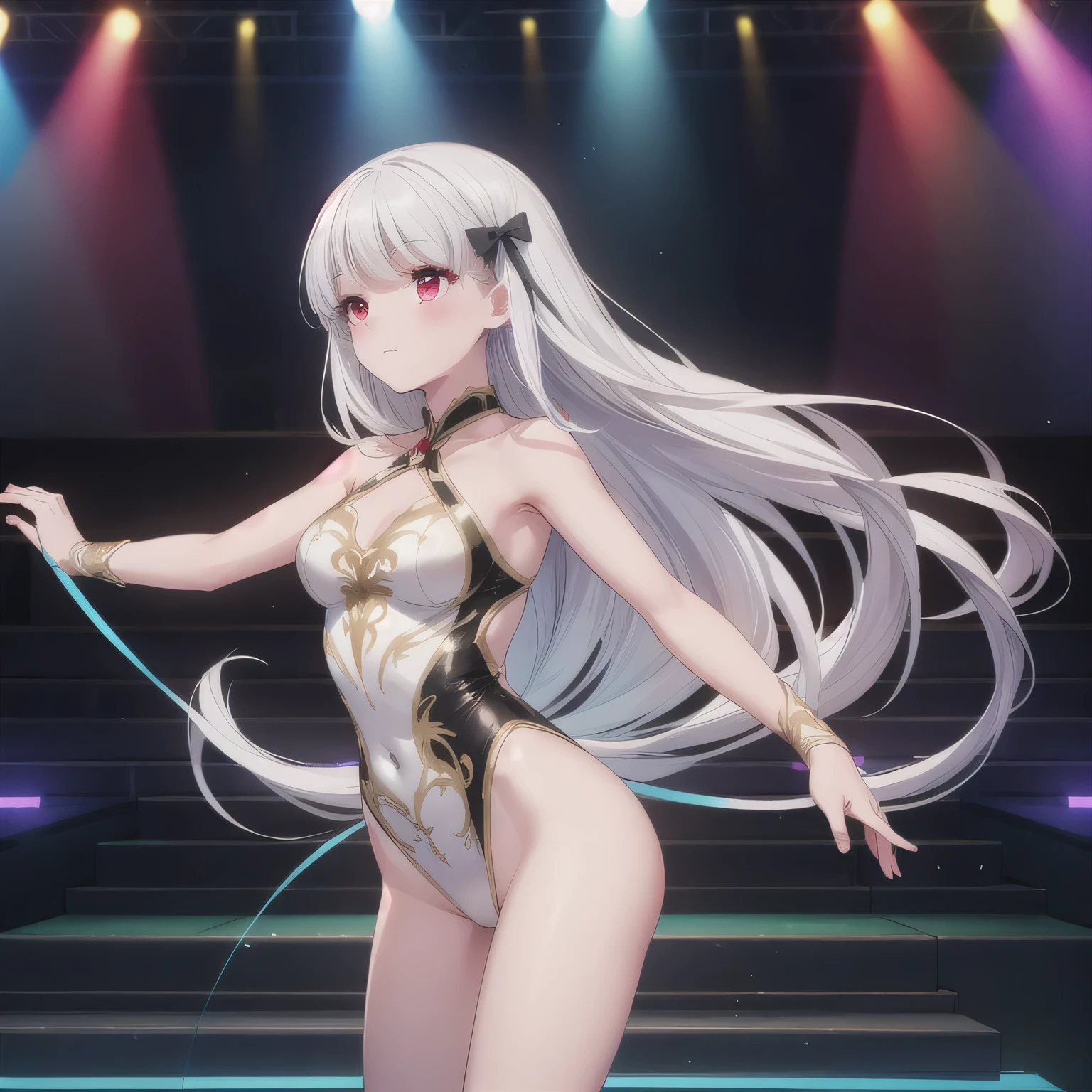 (((アニメ調とてもcute顔))), Beautiful Skin, (((()))), Highest quality, (Sharp details), 8k, ((cute)), on stage, (Neon Light), Lewdts of sweat, Sporting events, (looking at the camera),,small breasts、Nipples erect、(g dildo s a woman&#39;s a)))、Height: 160 cm、Embarraace、Very big eyes、sparkling pupils、anatomically correct body、Big thighs、slightly muscular、Black hair twin tails、Light from the front、Super sexy fishnet tights、Enamel boots