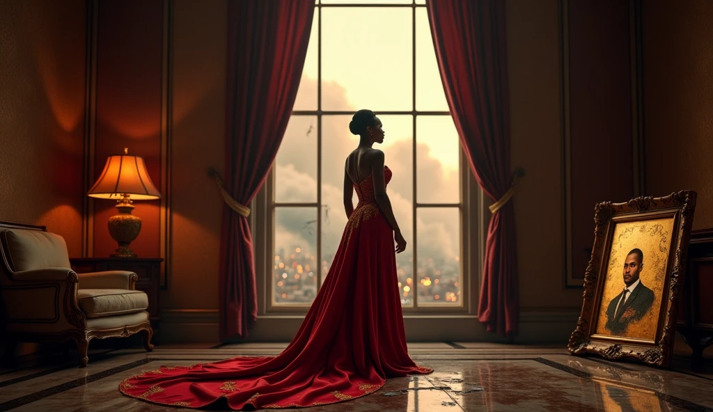 Generate an image of  luxurious window city room with elements like jewelry, a grand chandelier, or a lavish setting, which shows hidden bollywood royalty  make it in red and bright golden