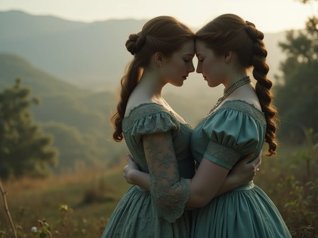 (Masterpiece, 8k, 16k, uhd, best quality, fantasy photograpy, epic imagination) ((Very detailed)), 2girls from Norge (cuddling, front to back:1.2) in a "gothic Cathedral" at midnight, beautiful, tender, late night, kissing, film scene, cinematic lighting, intense indoor white tube lighting, green dressees, rose dresses, woman blonde, woman redhead, big tits, big breasts