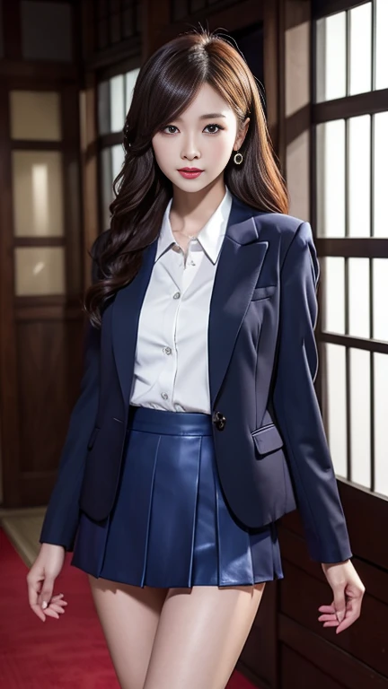 a 17 year old girl, she is the most beautiful actress in the world, the perfect body proportions of this girl, the skin of her upper body with it's large breasts are covered 100% by the shirt under the blazer, her crotch between her bare legs are hidden just 99% by short skirt, the blazer is firmly closed and buttoned up on her waist, it's only one description of one body, it's from right above her head to right below her shins are within frame, all her body is looking forward to viewer, she is standing at the city street, nsfw, best quality, highly detailed, masterpiece, ultra high res, photo realistic, 8k, RAW photo