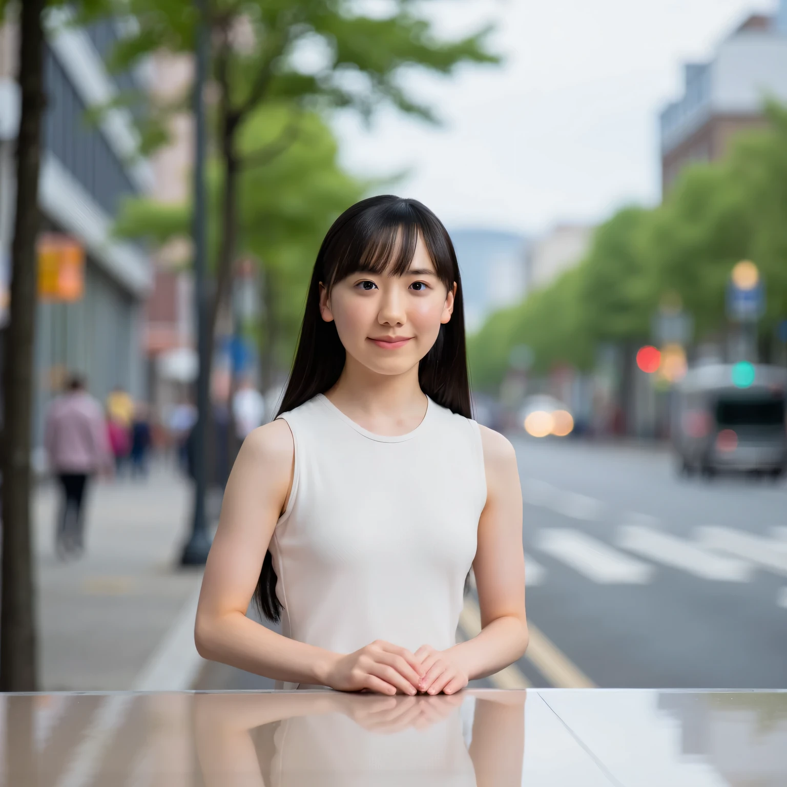 The age is different2elementary school girls walking along the sidewalk on the main road on the way to school in the morning, Has long hair and is wearing a white leotard swimsuit, Sit at a desk in the TV studio
