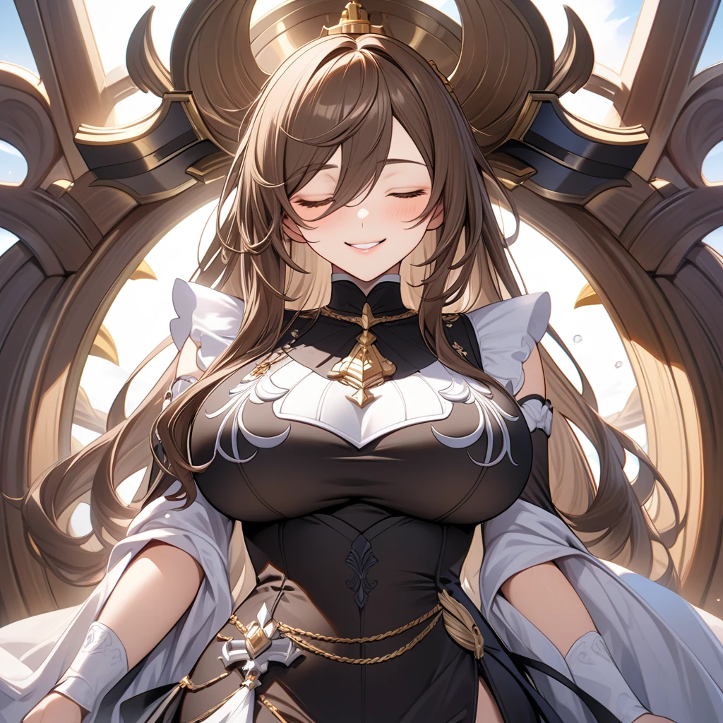 ((((Obra maestra, La mejor calidad, ultrahigh resolution)))), 1girl, kneeling,), ((long pure brown hair, hair over eye)), long hair cut, shiny skin, ((red eyes)), glowing_eyes, neon eyes, (ultra detailed eyes:0.7, beautiful and detailed face, detailed eyes:0.9), smirk, facing viewer, ((vibrant background, dark lighting, summer, sunlight)), large chested, looking at viewer, ((half closed eyes)), ((perfect hands)), (((head:1, arms, hips in view, elbows, in view))), ((hands behind back)), empty eyes, beautiful lighting, ((outside, outdoors)), defined subject, head tilt, (((gritty)), ((creepy)), ((cool)), ((beautiful)), (((SFW))), hair ornament, petals in the air, moon in the sky, city, mature woman, adult woman, sfw, pink and white dress, night dress, she is a princess, large chest, big ,