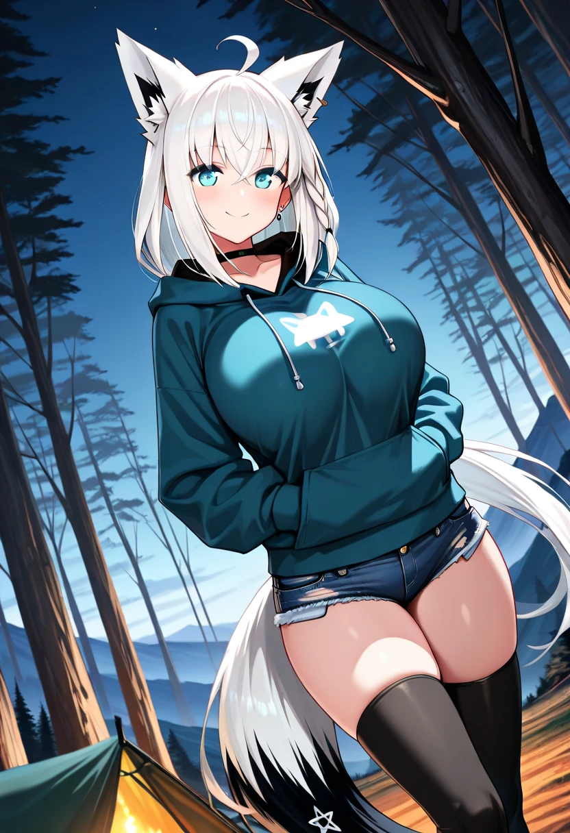 <lora:Zankuro_AnyLora_Dim32:0.8>, ((masterpiece,best quality)), absurdres, <lora:Ira_AFK:0.7>, Ira_AFK, cape, fox tail, hood up, mini skirt, smiling, solo, smiling, looking at viewer, cowboy shot, forest in background, cinematic composition, ,