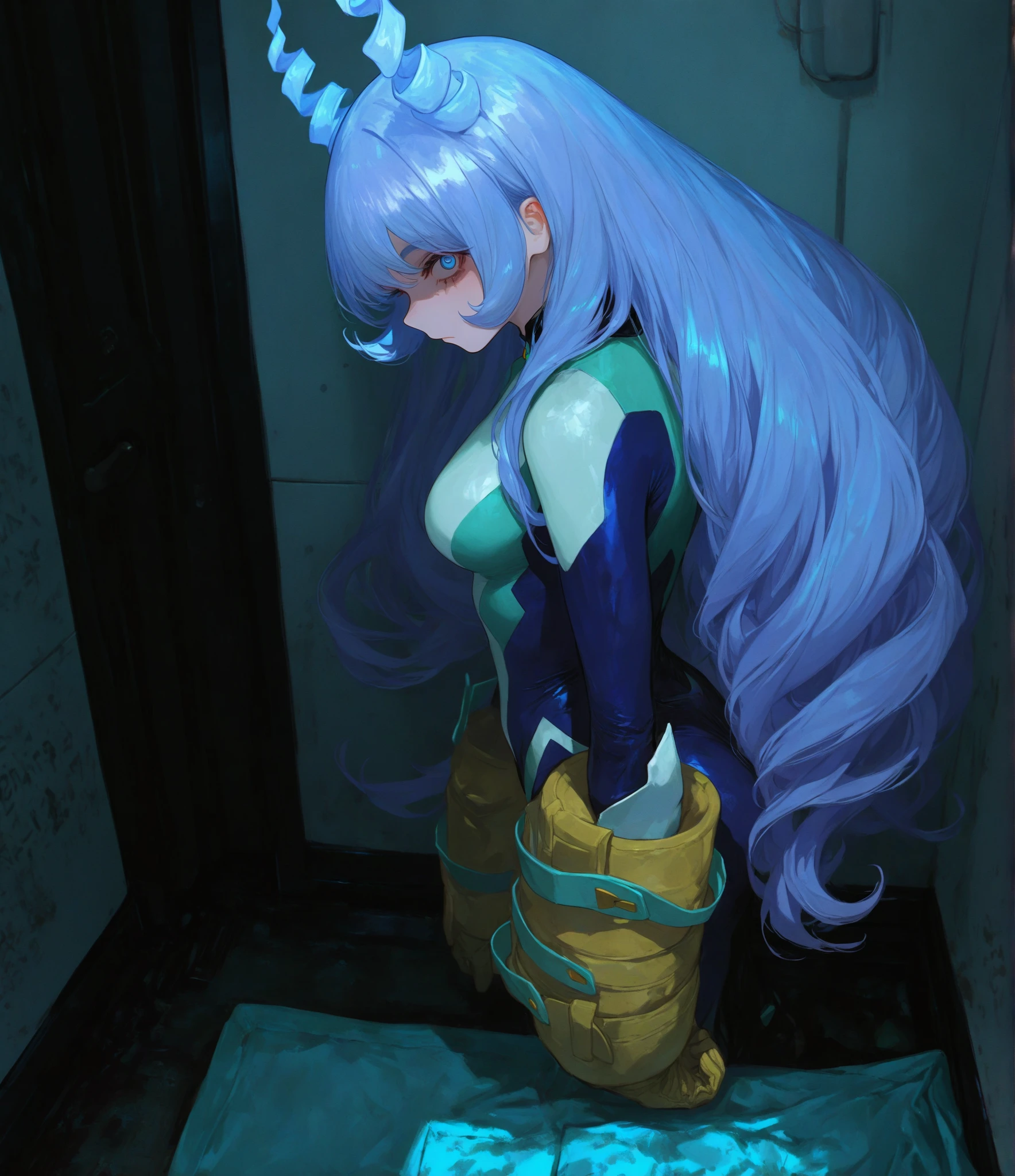 masterpiece,Highest quality, Unreal Engine, Super Resolution, Very detailed,
1 Girl, Waist, thin, (Muscular:0.8)
Round Breasts, Big Breasts, Bold,  Part your lips, Observe the audience,
Are standing, sexy pose
Waist shot,Tentacles entangled in chest,Spread your legs,
, Key Visual,
 Light blue hair, Red eyes, Long-haired monk \(dq3\)
,,Tabard Elbow Gloves((Spread your legs上げる:1.3)),(Cameltoe:1.5)、Orange full body pantyhose(See-through panties:1.2)