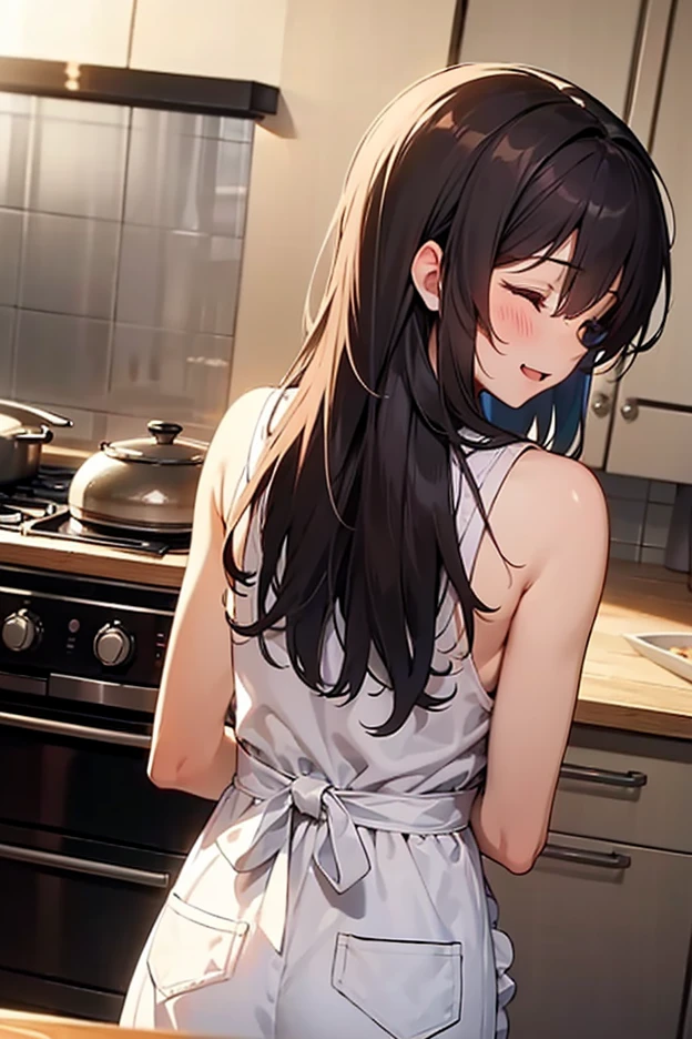 (masterpiece:1.2), best quality, high resolution, unity 8k wallpaper, (illustration), extremely detailed face, perfect lighting, extremely detailed CG,(anime artwork, anime style, studio anime, very detailed, up to date, vibrant, Anime Coloring, high contrast, masterpiece:1.2, best quality, best aesthetics),2 girl, Medium chest, A glimpse of thighs,random hair, One eye is hidden by the bangs, perfect proportions, high detail skin, Cute, detailed faces,kitchen, precise fingers,medium breasts,cooking,apron on naked body,looking back,super long hair, smile,