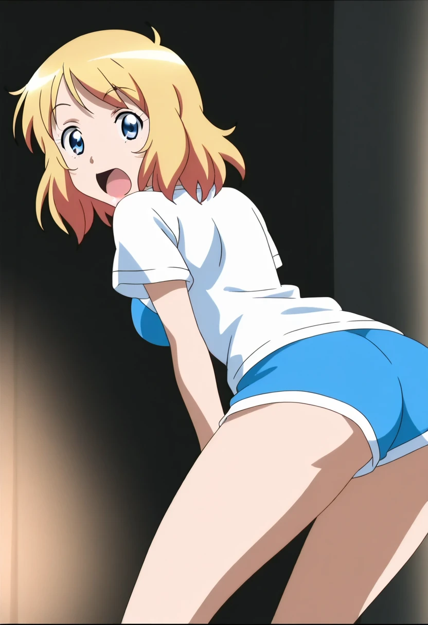 girl, blonde hair, bottomless, peek, pussypanties, sweatdrop, wet clothes, t-shirt, midriff, pussy juice, squi, pussy juice puddle, puuice string, happy, ed, looking at viewer, bare legs, slim, full body, barefoot, thigh strap, small breasts