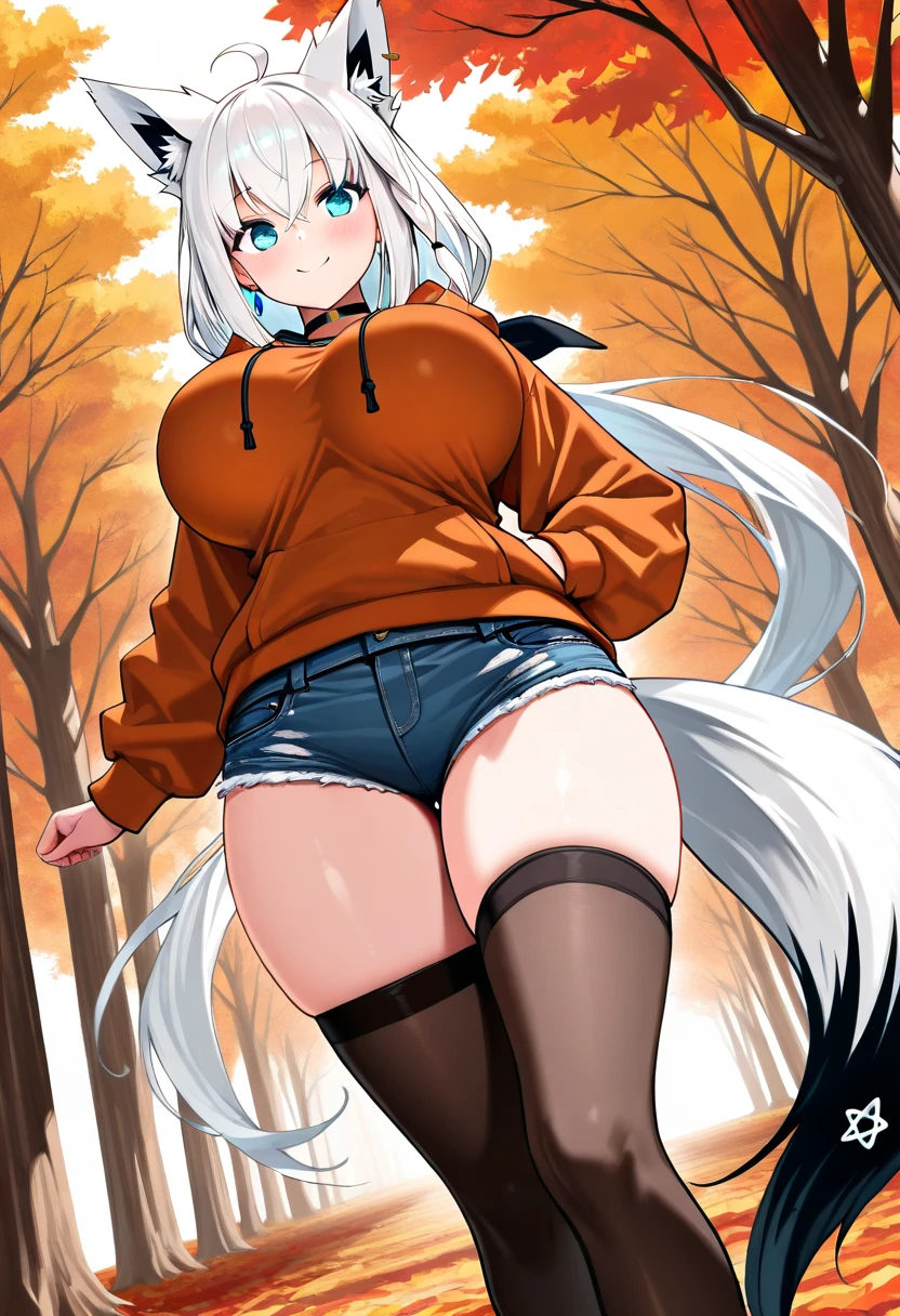 (full body), seductive look, blush, outdoors, looking at viewer, moody lighting, (perfect detail eyes:1.2), mole under eyes glowing eyes, shiny skin, white hair, blue eyes, long hair one braid:1.2), (huge breasts), (Masterpiece, Best Quality, High Quality:1.4), professional artwork, Intricate Details, field of view, sharp focus, black socks, spread legs, wet, from below