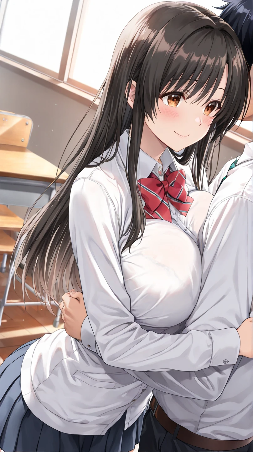 masterpiece, best quality,faceless boy,(grabbing breast:1.1),(school uniform:1.2), (sex from behind:0.9), medium breasts,black long hair,brown eyes,(classroom:0.9), (sunset:0.7),embarrassed,(navel:0.6),