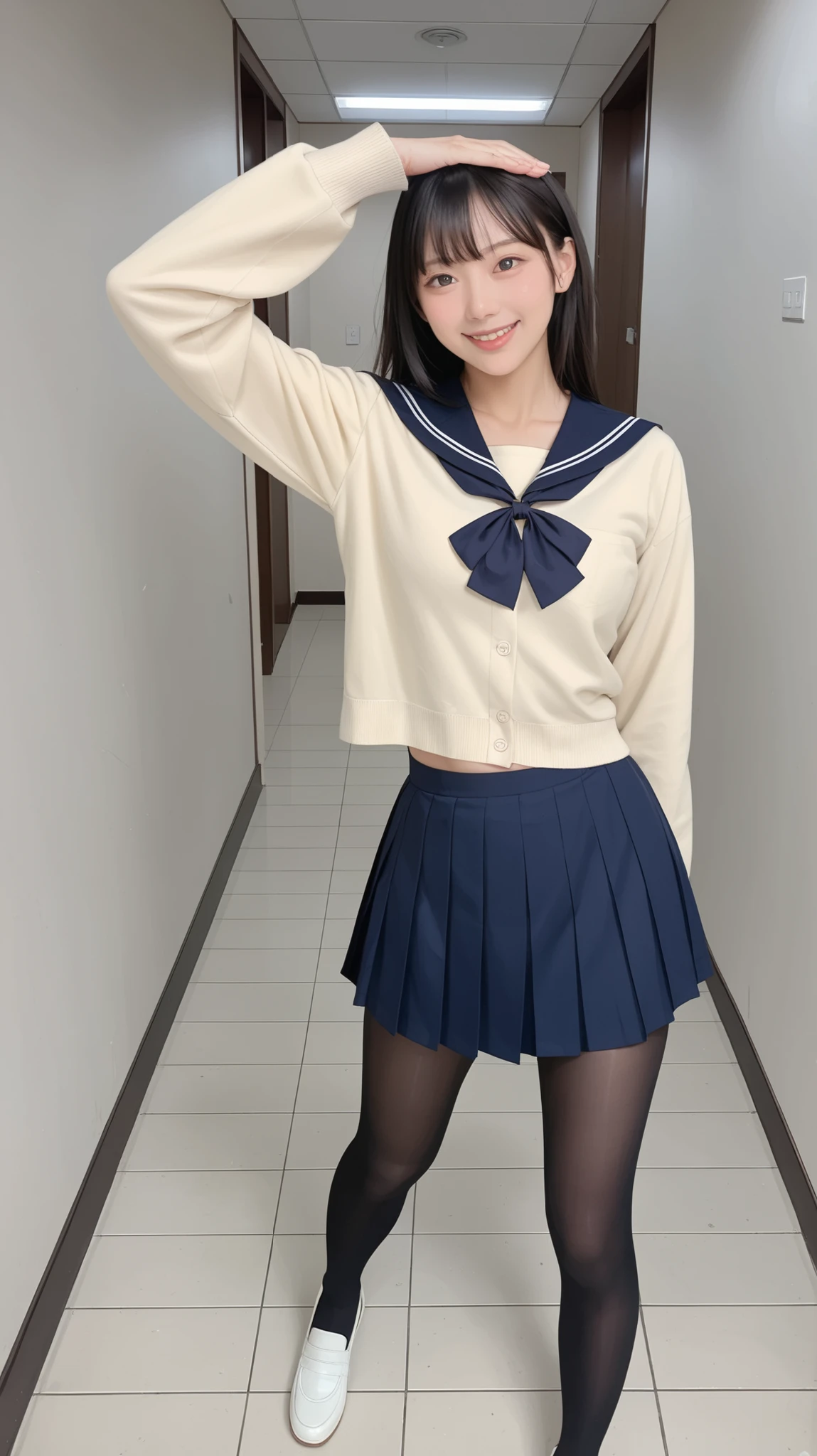 ((highest quality、8k、masterpiece:1.3)),((((cowboy shot)))),Ultra-high resolution,big eyes,Japanese,bangs,(a girl),(1 girl),((20 years old)),((facing at viewer)),(long hair),(((black sailor uniform))),grin,((sitting on chair)),(pleated mini skirt),(((pussy))),((pubic hair)),((skirt lift))