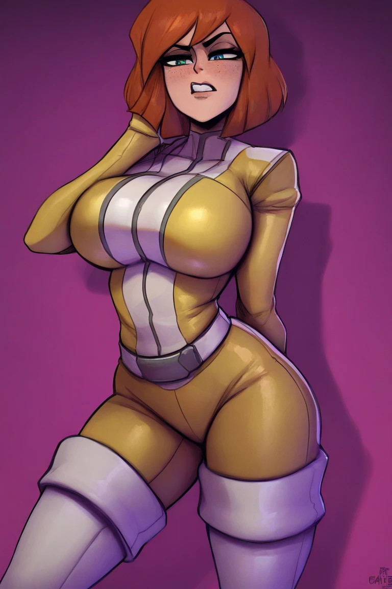 masterpiece, best quality, 1girl, drill hair, pink platinum hair, ((yellow bodysuit:1.4)), ((white collar)), gray gloves, slender waist, wide hips,
