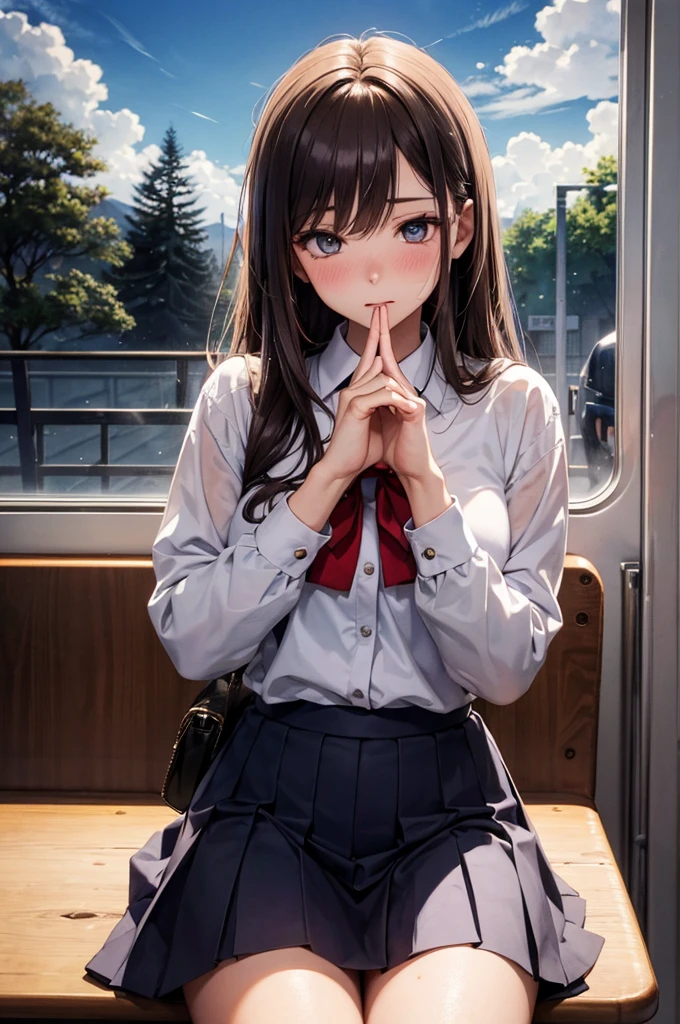 ((masterpiece, Highest_quality)), One girl, (Realistic:1.4), alone, white_background, black_hair, length_hair, zettai_ryouiki, skirt, ((full_body)),In a crowded train