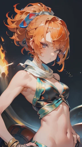Nami from the anime one piece in saree, slim young woman of average height with orange hair and brown eyes, big breasts, big butt, visible v cut, lean body