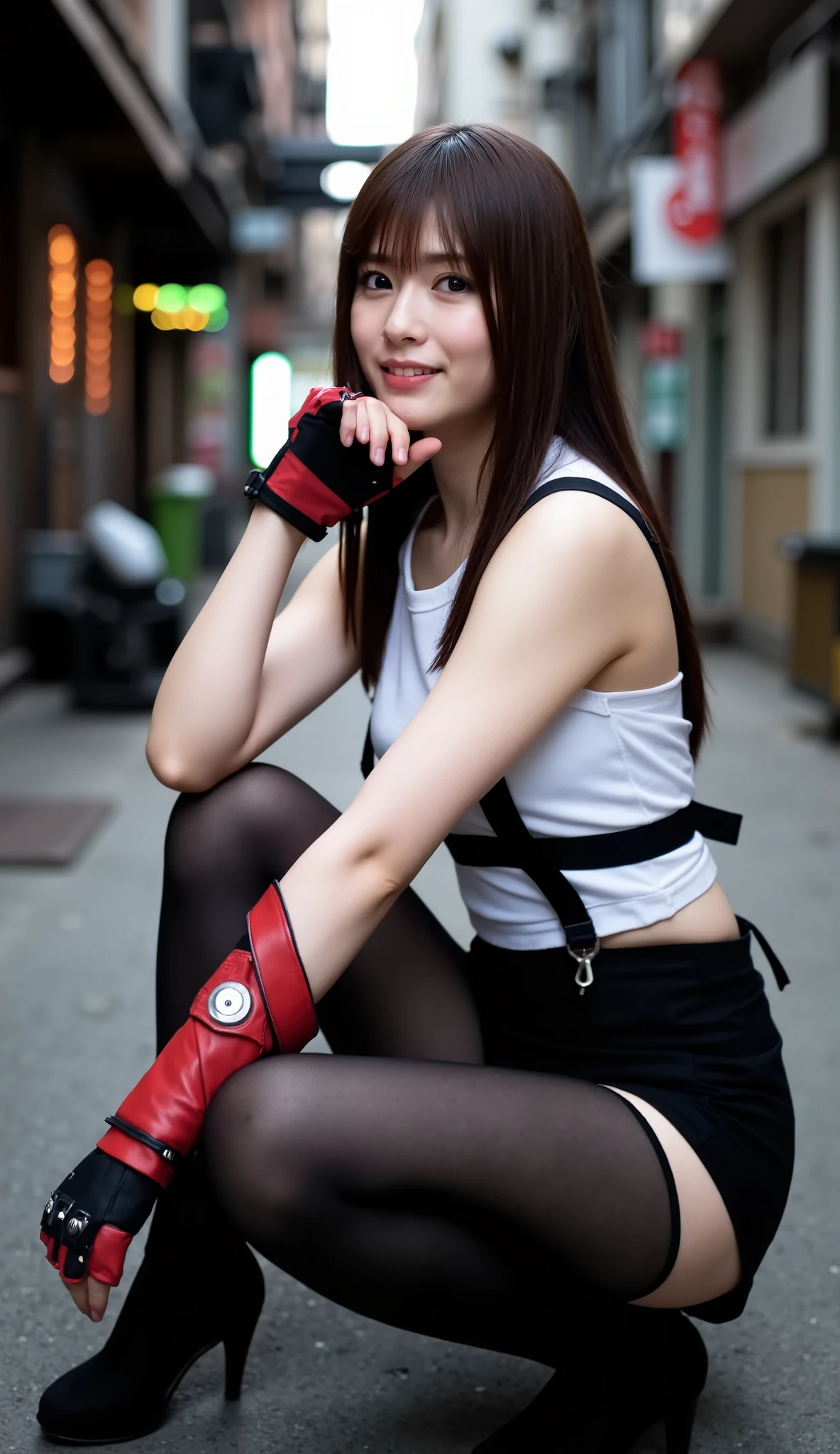 Red denim half pants, black shirt, showing teeth and smiling