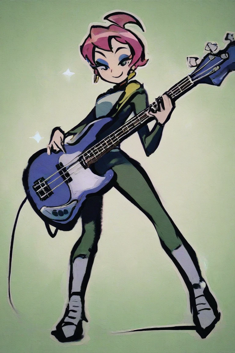 Really embarrassed tomboy girl, with short gray curly hair, brown skin and glasses, in pink body paint , full body, Covering yourself with a Electric guitar