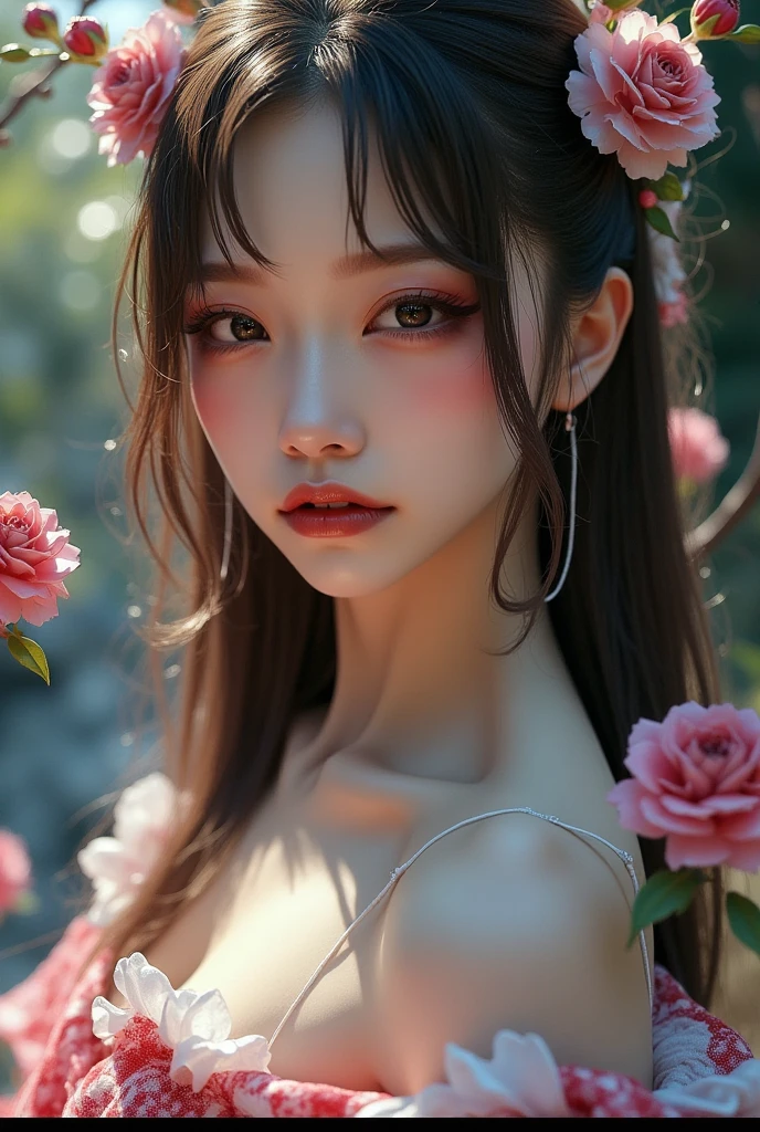 ((masterpiece, best quality)), 1girl, beautiful detailed eyes, ruby eyes, vivid, flower, hyacinth, falling petals, Beksinski, artem demura, an ultrafine detailed painting, neoplasticism,