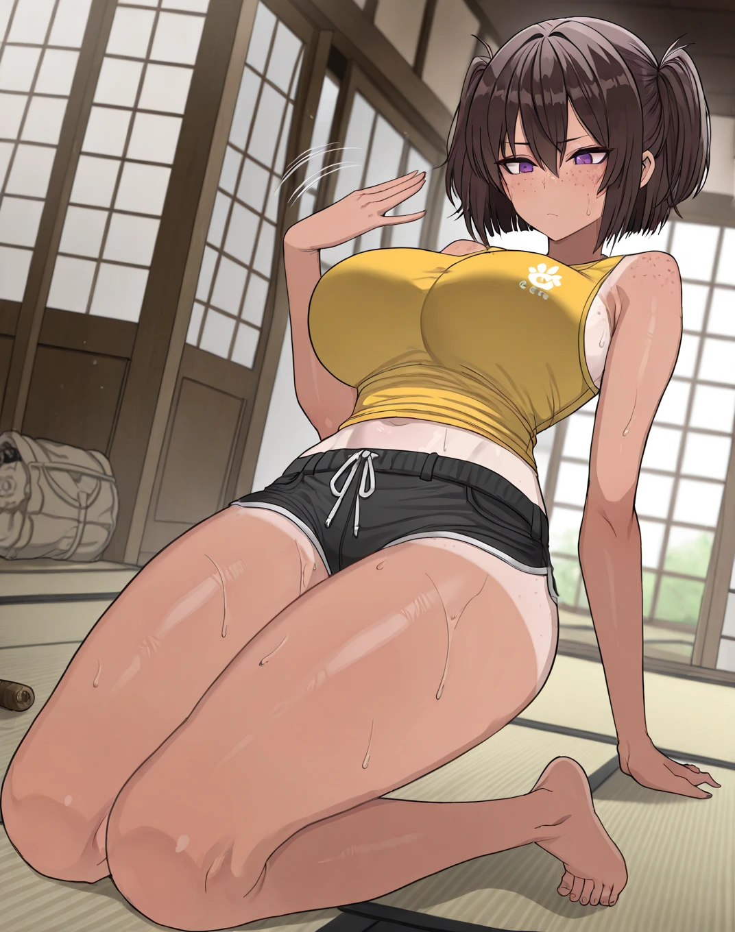 Japanese style background, tatami room, (fully nude), full body shot, cowboy shot, (lying on her back, legs spread wide, pussy spread with the fingers of one hand), beautiful toes, beautiful toes, beautiful feet, beautiful knees, beautiful legs, beautiful big ass: 1.2, (realistic big pussy: 1.4), beautiful lines, smooth, wide hips: 1.1, beautiful smooth abdomen, ((beautiful big breasts: 1.4), (realistic nipples: 1.4), (realistic small areola: 1.4)), beautiful one thumb, beautiful four fingers, beautiful hands, beautiful elbows, beautiful arms, beautiful lines, smooth shoulders, (beautiful collarbone), (beautiful face: 1.5), pussy (vagina, labia minora, clitoris, urethral opening, vaginal opening), (realistic anus), black eyes, black hair, forehead, parted bangs, 1 girl, 20 years old, fully nude young woman, beautiful fingers, beautiful long legs, beautiful body, beautiful nose, beautiful character design, perfect eyes, perfect face, expressive eyes, perfect balance, gazing at the viewer, (side view, bottom_shot), mouth closed, (innocent big eyes:1.0), bright smile, official art, highly detailed CG Unity 32k wallpaper, perfect lighting, colorful, bright front lighting, shiny skin, (masterpiece:1.0), (best quality:1.0), ultra-high resolution, 16K, ultra-detailed, photography, 32k, high resolution, high resolution, absurd:1.2, Kodak Port 400, film grain, blurry background, bokeh:1.2, lens flare, (Vibrant_colors:1.2), professional photography, (Full_nude),