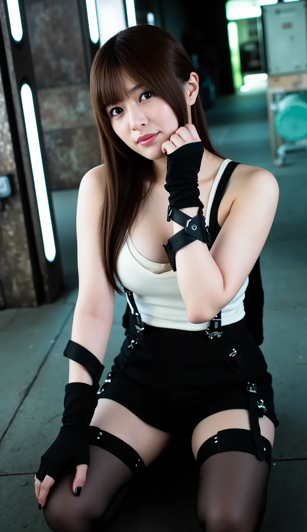 best quality、masterpiece、ultra-high-resolution、(photoreallistic:1.4)、Raw photo、1 girl、Black hair、glowy skin、1 Mechanical Girl、((hyper realistic detail))、portlate、Global Illumination、Shadow、octane rend、8K、ultrasharp、big tit、Raw skin is exposed in cleavage、metals、Details of complex ornaments、Steampunk details、Analog Meter、cog、gear、Golden hydraulic cylinder、hyper intricate details、Realistic light、CGSoation Trends、purple colored eyes、eyes glowing、Facing the camera、neon detailechanical limbs、blood vessels connected to tubeechanical vertebrae attached to the back、mechanical cervical attaching to neck、sitting on、Wires and cables connecting to the head、vacuum tubes、cog、meter、Gundam、Small LED lamp、The background is a steampunk city、