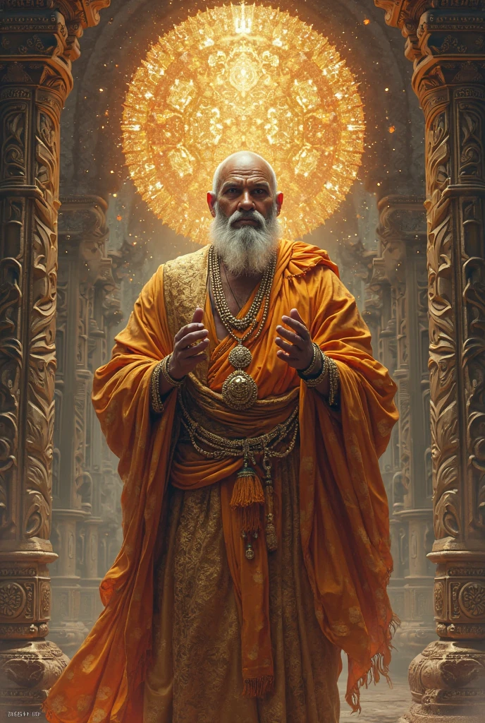 (masterpiece, best quality:1.5) mysterious, fantasy, 1 monk wearing a prayer beads on his chest, beautiful eyes, bald head, sitting in meditation,halo in the back, abstract background