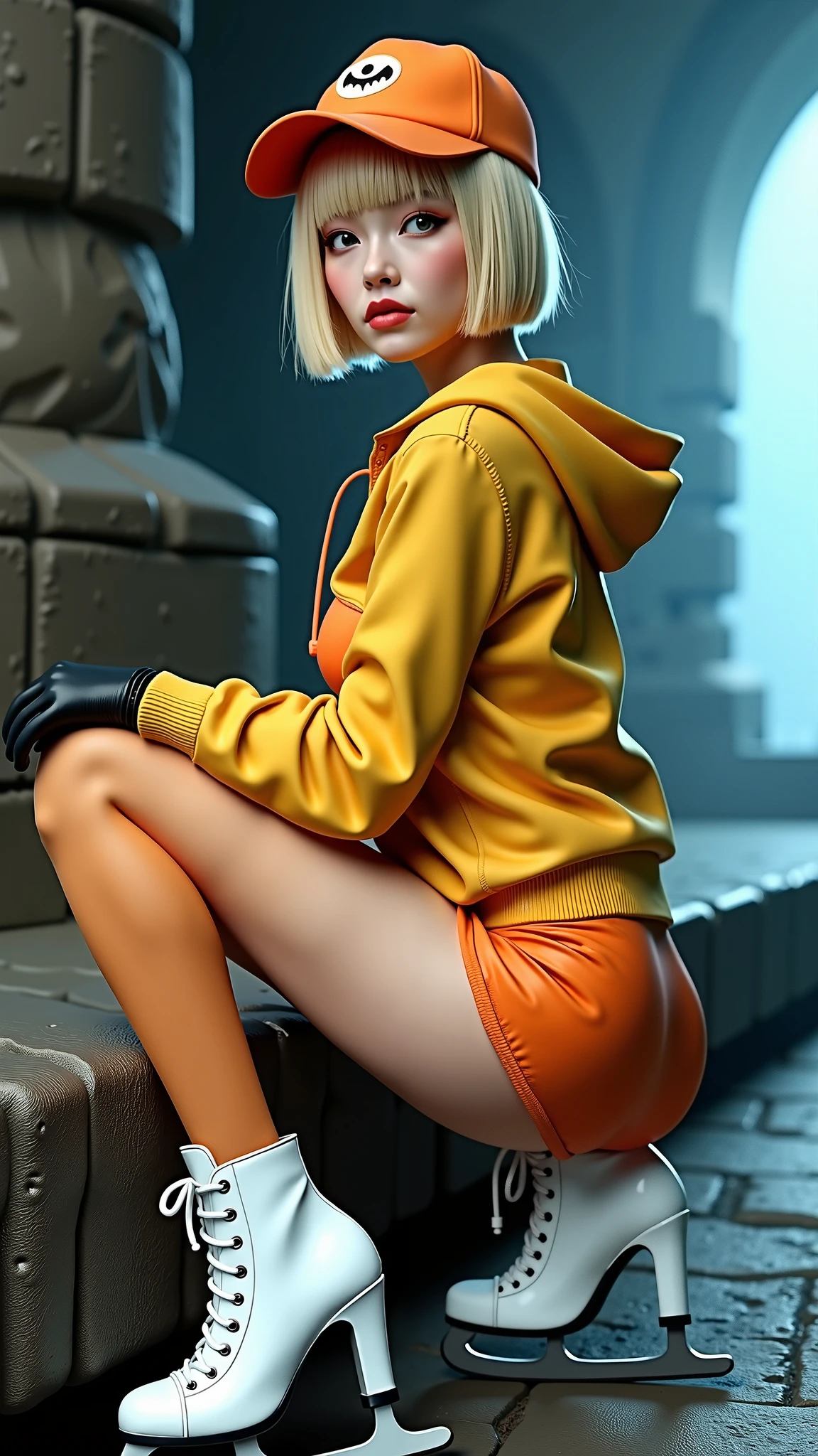 a woman with yellow hair, fair skin, blue eyes, wearing a sweatshirt and yellow shorts, ankle socks, strong legs. expression of joy, happiness, sensual pose.
