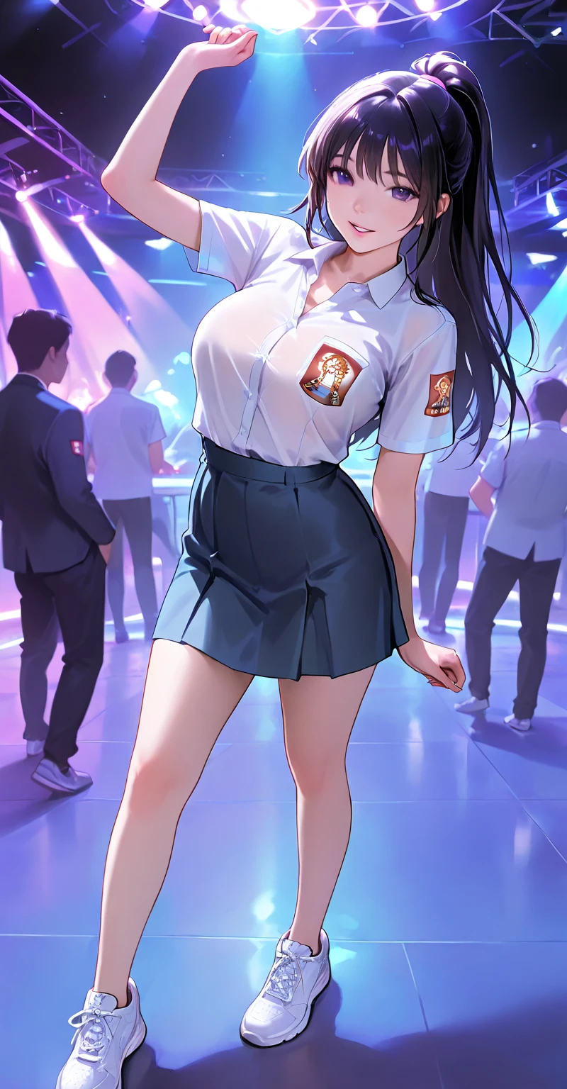 1lady solo standing, /(costume with logo/) mini skirt, mature female, /(brown hair/) bangs ponytail, kind smile, (masterpiece best quality:1.2) delicate illustration ultra-detailed, large breasts BREAK /(motor show indoors/), audience, detailed background