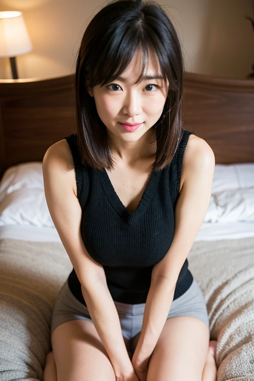 highest quality, masterpiece, High definition, 16K quality, beautiful , Light brown medium hair, 明るい茶色のbeautiful目, suit, White blouse, black tights , Plump and large breasts, Large breasts sagging due to gravity,  She is looking at the camera, smile，Big Ass，office
