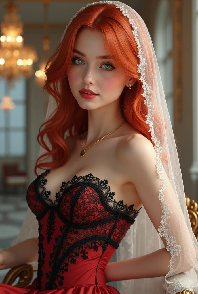 Lucy pinder, smiling, very intense makeup, voluptuous, red lisptick, red hair, bride