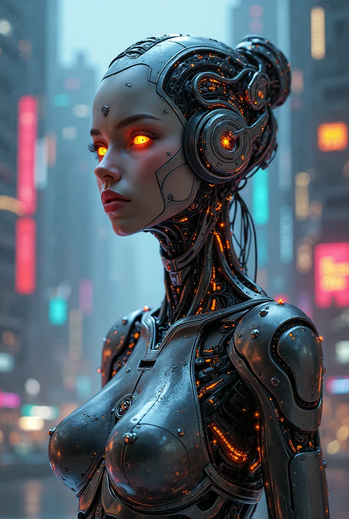 1mechanical girl,ultra realistic details, portrait, global illumination, shadows, octane render, 8k, ultra sharp,intricate, ornaments detailed, cold colors, metal, egypician detail, highly intricate details, realistic light, trending on cgsociety, glowing eyes, facing camera, neon details, machanical limbs,blood vessels connected to tubes,mechanical vertebra attaching to back,mechanical cervial attaching to neck,sitting,wires and cables connecting to head