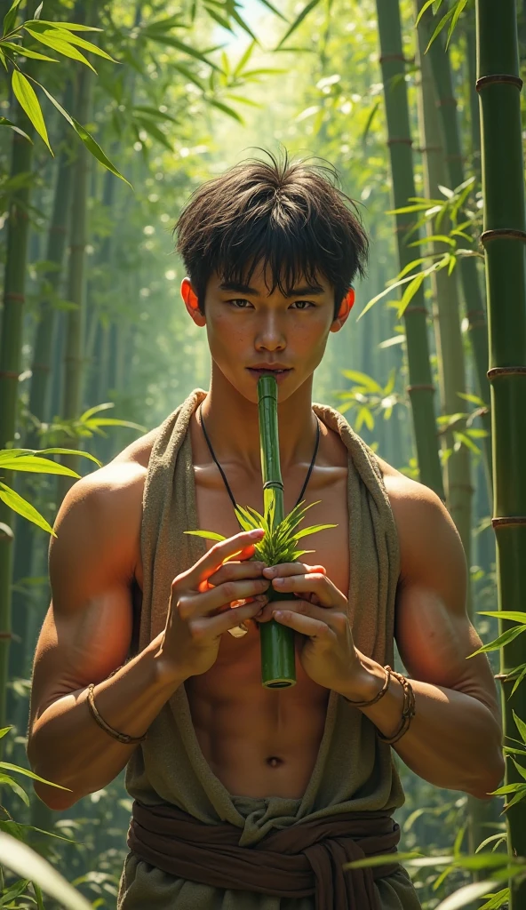 Handsome boy, black hair, brown eyes, wearing green grass crown wearing green grass loin cloth, green bamboo