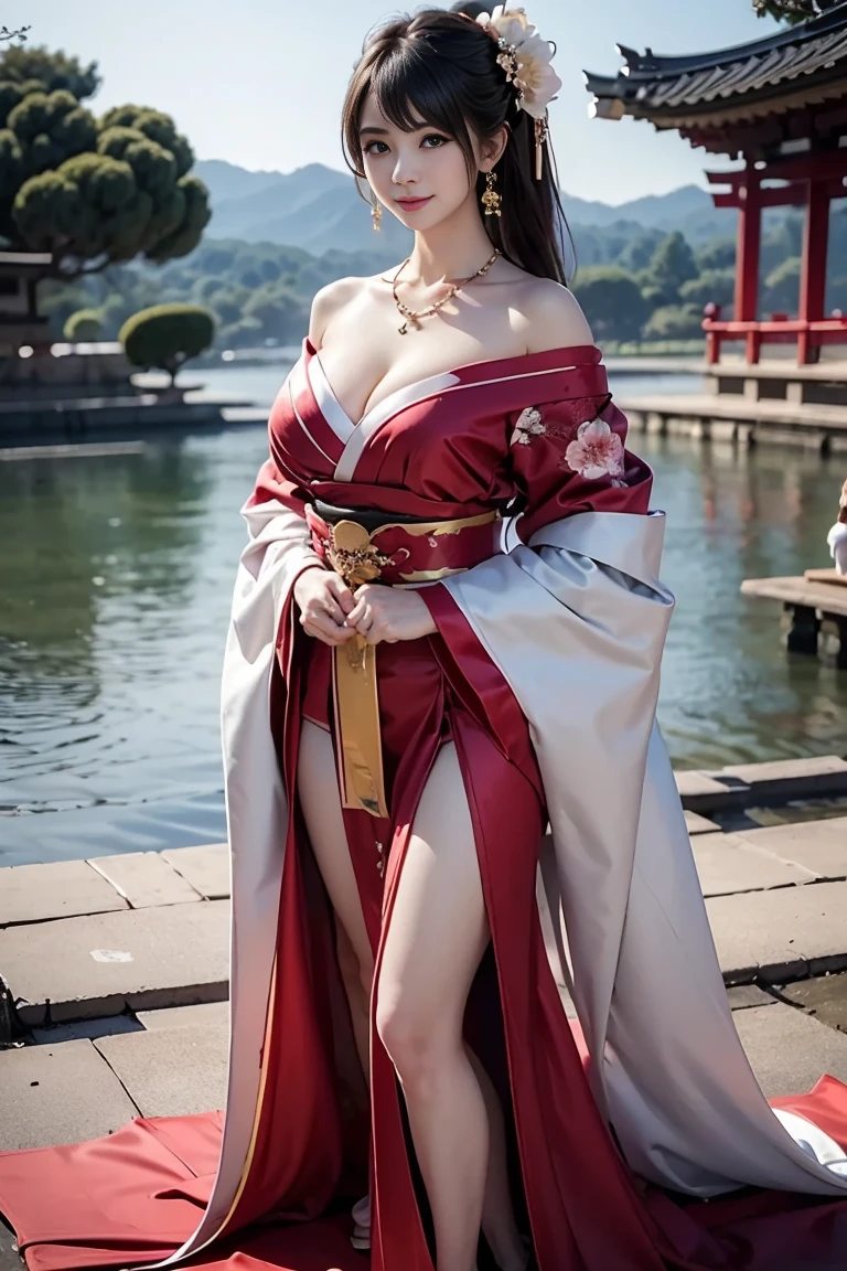 (((masterpiece))), ((Highest quality)), ((8k, Highest quality:1.2))、((masterpiece)), 美しいwoman, (Attractive Asian Model:1.0)、((8k, Highest quality:1.2))、((Images of Japan))、(((Holding a sword in his hand)))、Voluminous lips、((Big Breasts))、((Huge breasts))、((Perfect Face))、((masterpiece)), 美しいwoman, (Attractive Asian Model:1.0)、Highest quality, Ultra-high resolution, (Realistic: 1.4), RAW Photos, , Nikon D850 film stock photos, ((Intricately detailed)), perspective, Very detailed, figure, Perfect hands, Detailed fingers, Beautiful attention to detail, Oval face shape, ((woman)), woman戦士, Fantasy, Stern face,Black Hair, Big Breasts, (((japanese red armor))), Iron-colored leg armor, , (((A sword hanging from his waist))), Colorful kimonos、(Japanese Kimono),(Japanese Armor),Combat Accessories、(((background:Japanese Gardens)))、A dynamic pose、