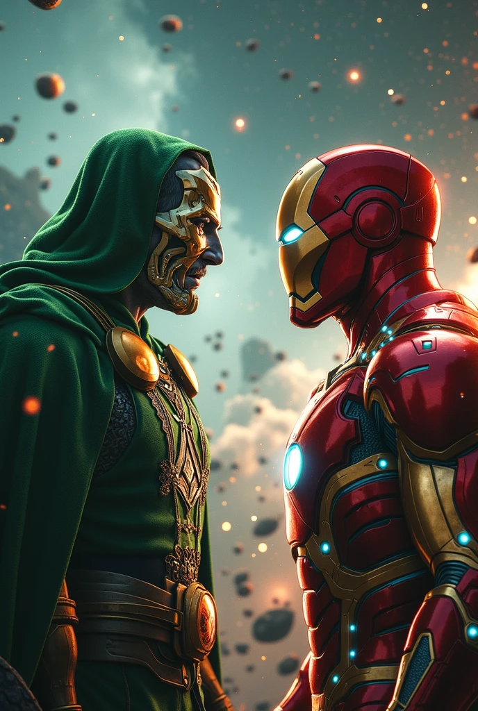 Henry Cavill in Iron Man armor without helmet fighting with Robert Downey Jr in Doctor Doom outfit without mask , cinematographic 
