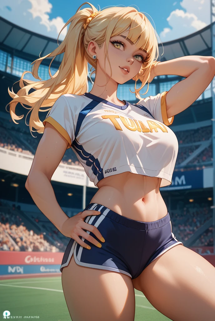 Best Quality, masutepiece,  High resolution, (Anime Heroine Illustration), Anime Paint, 1beautiful girl ,Dynamic Angle,Women's Soccer Players,Shoot the ball,small head,Large breasts,nice legs, Glowing skin, Sweat,At the soccer venue ,(Detailed beautiful face:1.4),detailed skins,Detailed eyes,detailed hairs,Detailed beautiful legs,Sporty,