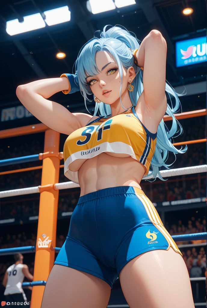 (perfect anatomy), (sports body), (big breastes), (thick-thighs), (perfect arms), (tracksuit ), Pointed bracelets, looking a viewer, (Medium full-frame photography), (Background of the battle arena), (blue dreadlocks)