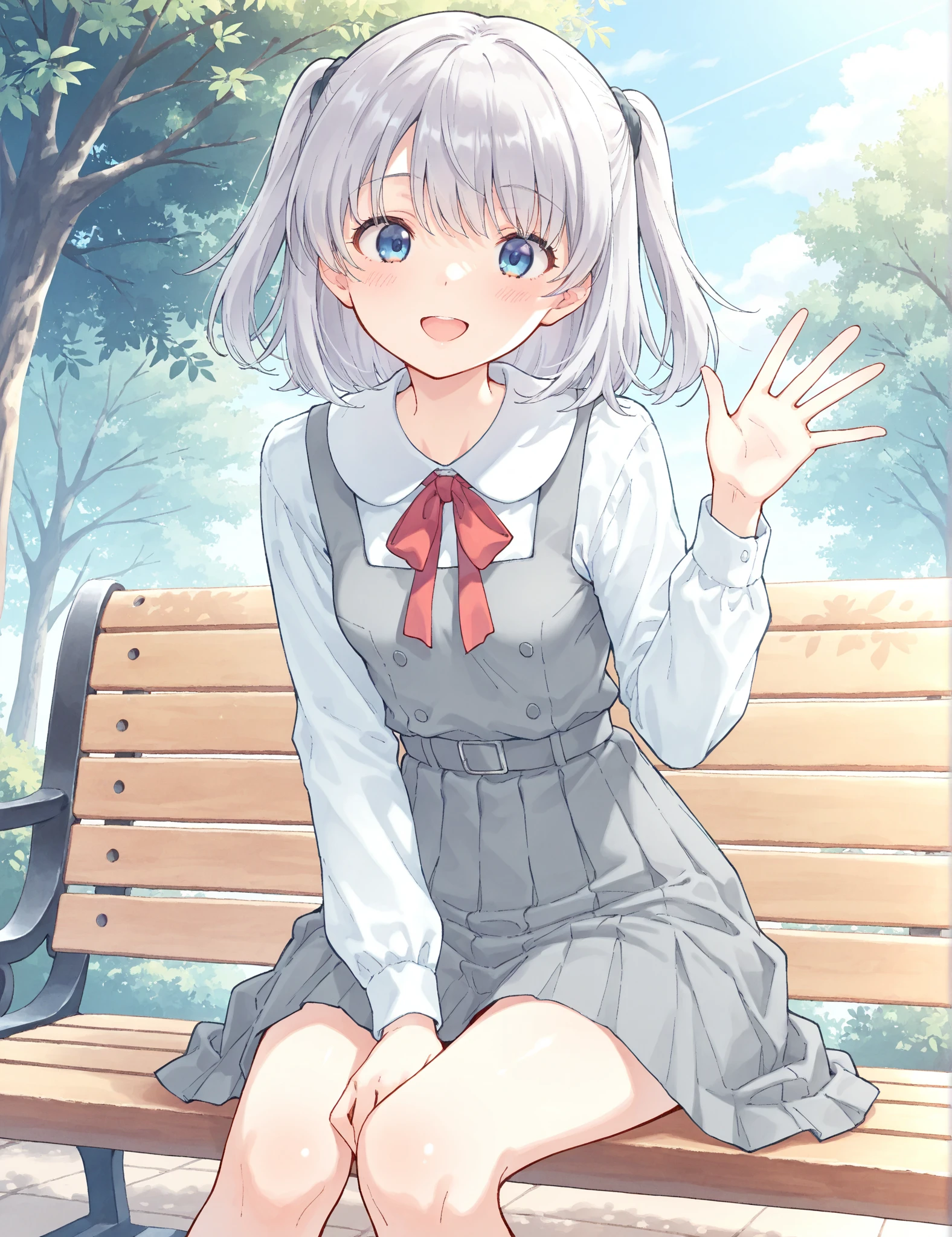 Outdoor,((the way)),, 1girl,Green Eyes, Grey Hair, hair ornaments, bangs, Virtual YouTuber, blunt bangs, Double Bang, Animal ears, Flat Chest,uniform,Navy Blue Blazer,White shirt,Pink ribbon,Grey Skirt,Pink Panties,White long socks,(Black low heels),I have a pink camera,Bring the camera closer to your face,squat,Hold the camera, :3