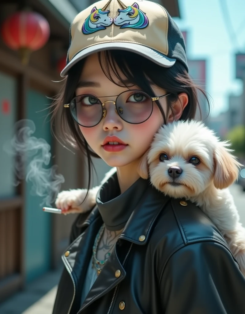 beautiful tanned japanese woman, wearing a designer black glittery cashmere coat, with a Gucci motif inner lining accent, and a hoodie with a green, red and gold floral pattern. and black fabric turtle neck loose satin dress, gold zipper, thick eyebrows, photorealistic, masterpiece, moncler, messy bun brown highlighted hair, open coat, lips pouting, pouts, void black background with smokes and nice lighting, holding chihuahua with black golden collar