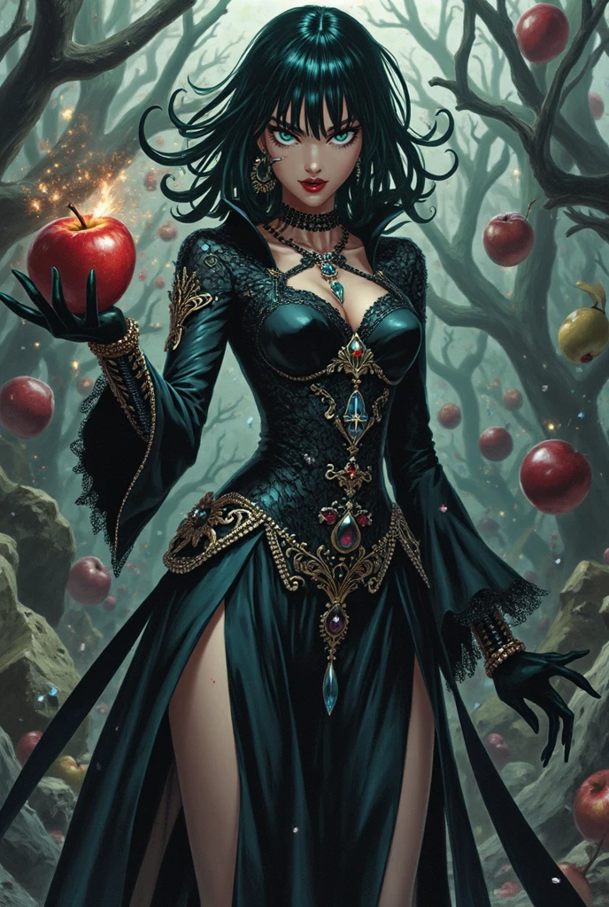 masterpiece, best quality, photo, princess, hogwarts, forest, sorceress, villainous look, black long hair, red lips, potion, fawn