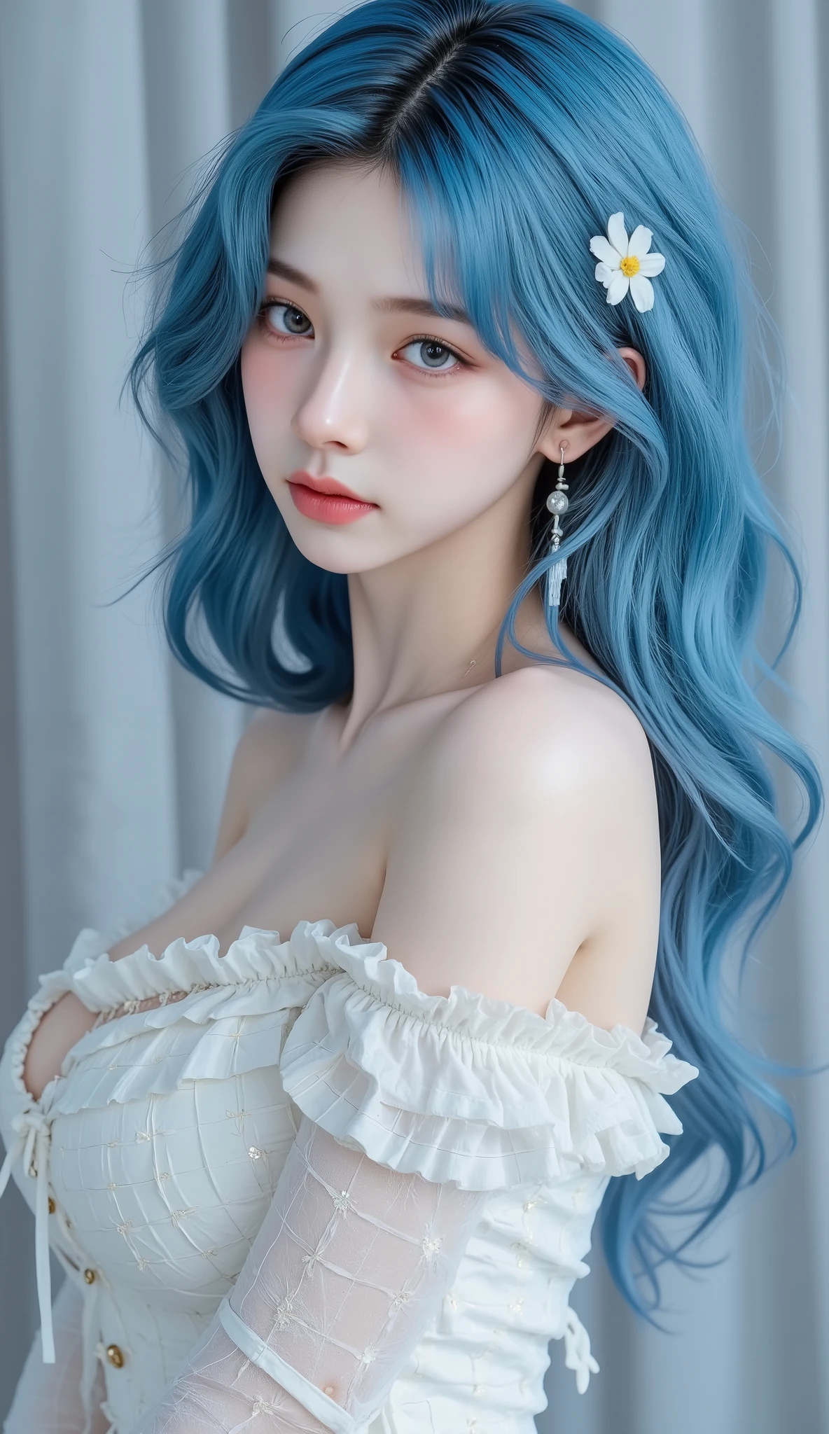 Gorgeus Girl, Beautiful, Baby Face, 20 Years Old, White Skin, Colossal Breasts, Side Pose, ((Cleavage)), White Classy Checkered Dress, Blue Eye, Muscles, Bokeh, Modern Place Background, Masterpiece, Medium Bob Blue Hair