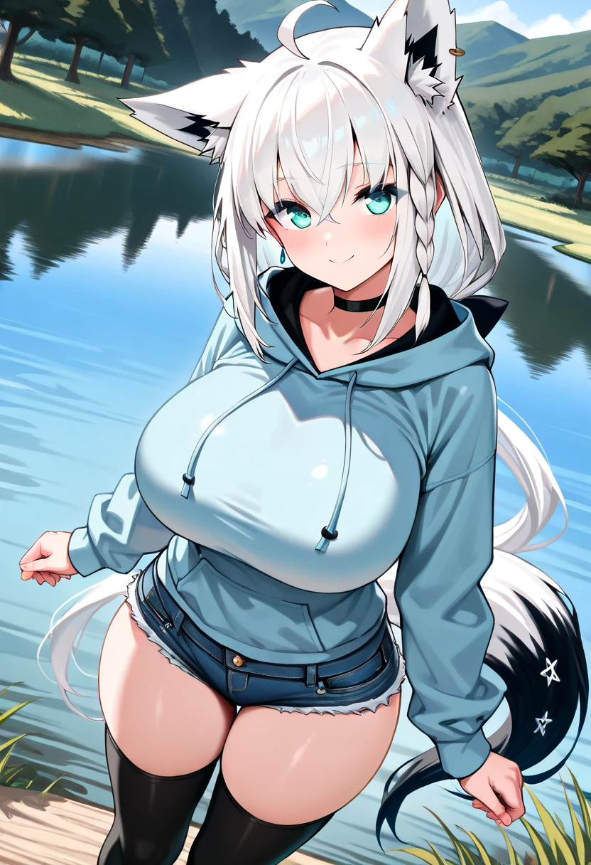 a cute adult male made of slime with wolf ears, long white hair, long locks, has a wolf tail, wearing a loose cropped black hoodie, wearing a pair of denim short shorts and fishnet stockings, thick thighs, wide hips, short, very slim, showing slender tummy, heart on hoodie, squishy thighs, has glowing blue eyes. alone, solo (ALONE)(SOLO) made of slime, flesh made of slime