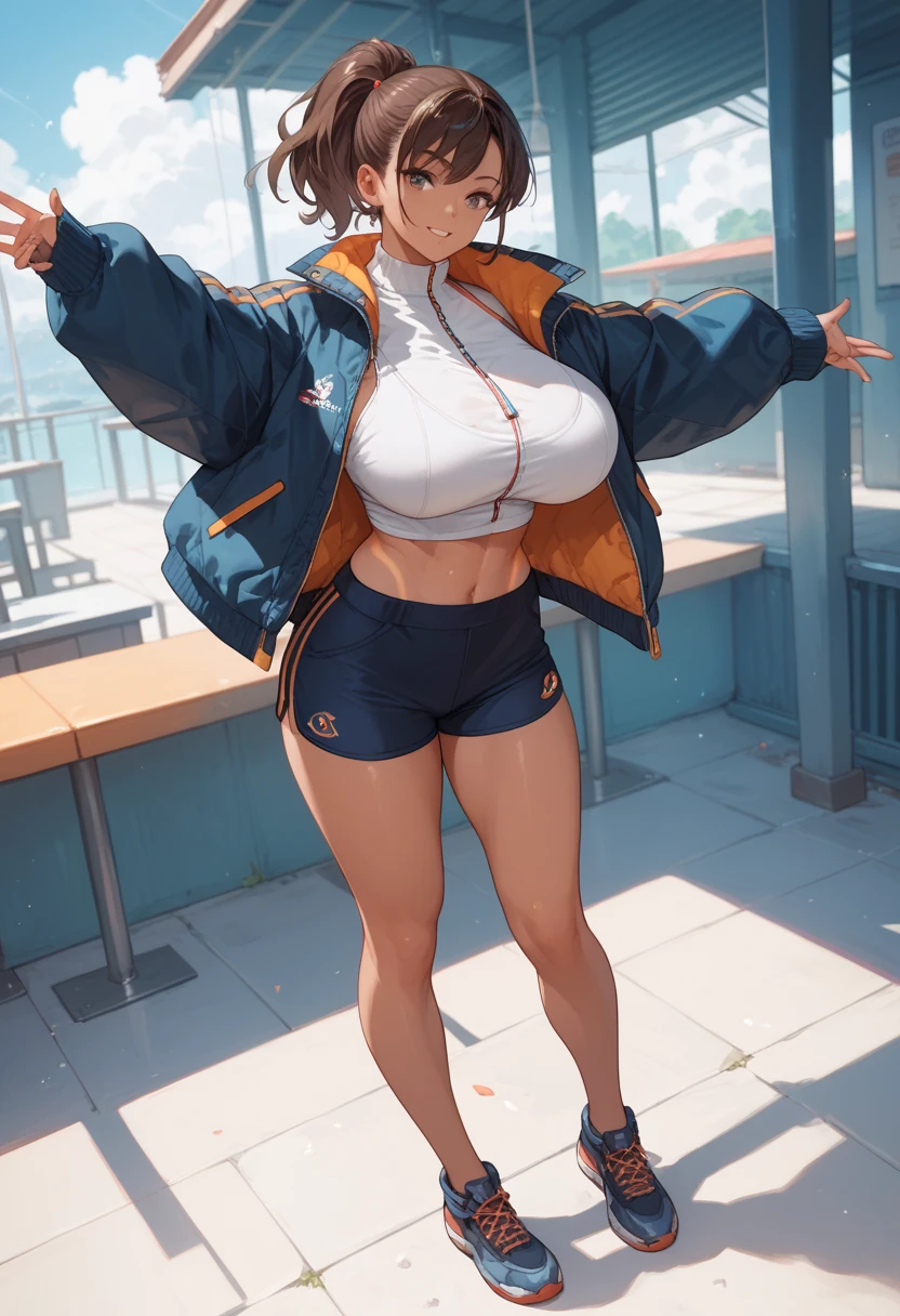 (masterpiece, best quality, CG anime, 8K, super detailed), full body, high school girl,Athletics,Track events, Japanese,(Sunburn mark),(Huge breasts),Looks happy,The uniform is digging in,((The moment the goal was scored,Heavy breathing))