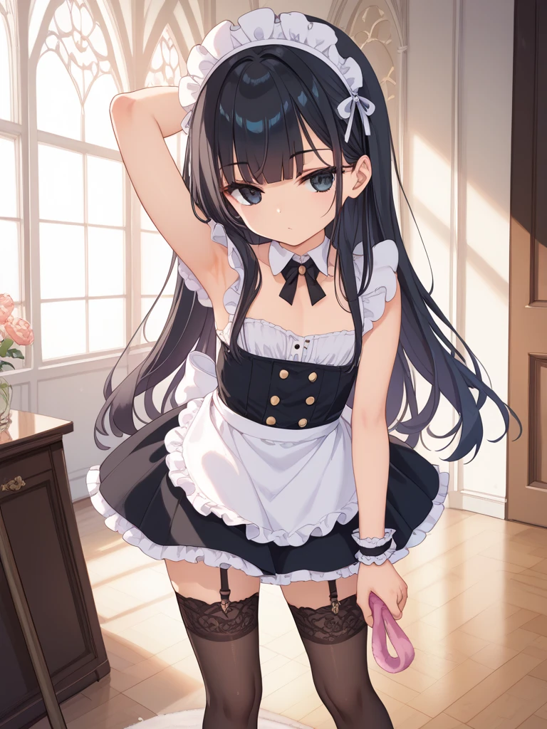 ((highest quality)), ((masterpiece)), (detailed), Perfect Face, anime, Ultra-fine illustration,((1 person)), ((Cute girl)), Black hair twin tails, Gothic Lolita, gothic lolita outfit, Long skirt, Long dress, Skirt flip, Pull up your skirt, (Showing off frilly panties:1.2), Are standing, blush, Embarrassed expression, Full Body Shot, maid Cafe, indoor,