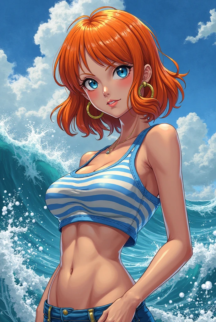 a cartoon picture of a woman in a bikini top and jeans, nami one piece, nami from one piece, nami, beautiful portrait of nami, from one piece, oppai, blue eyes, smoking, ponytail, nsfw