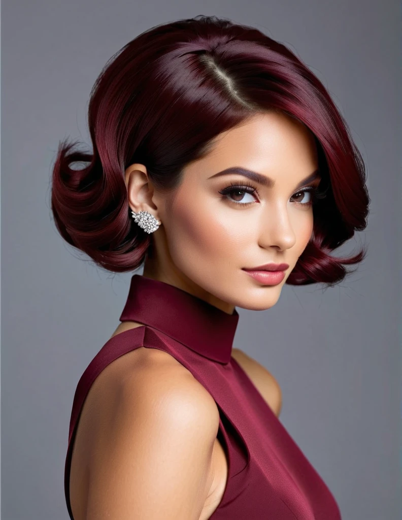 Red wine hair, red dark eyes, woman, charm, cheerful, calm