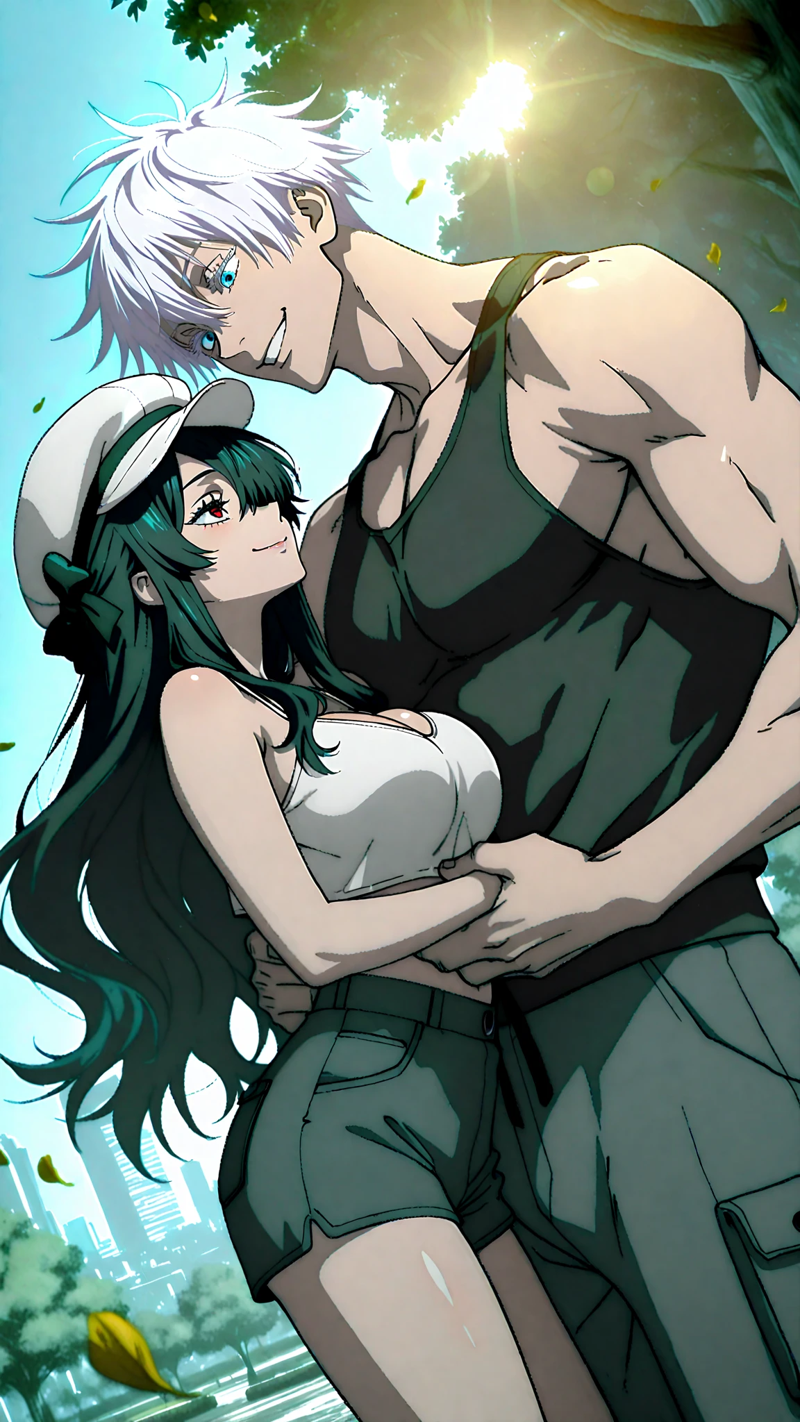 Shy man looking at pretty girl with aqua green hair