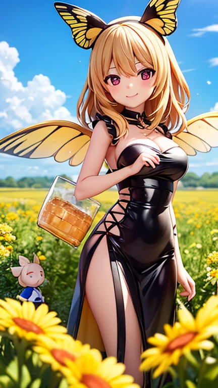 1girl,antennae,black hairband,blonde hair,blue sky,boots,breasts,butterfly girl,butterfly wings,cleavage,cloud,crazy straw,day,dress,drinking straw,flower,grass,hair between eyes,hair flower,hair ornament,hairband,high heel boots,high heels,insect wings,large breasts,light blush,long sleeves,looking at viewer,monster girl,open mouth,outdoors,red eyes,short hair,sitting,sky,smile,solo,thigh boots,wings,